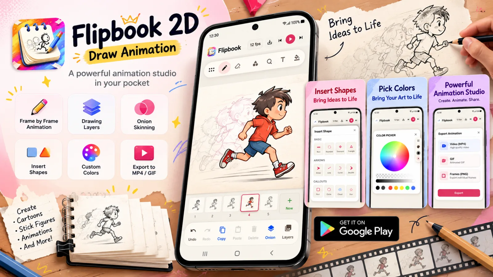 Flipbook 2D Android animation app featuring frame-by-frame drawing, onion skinning, and cartoon animation tools