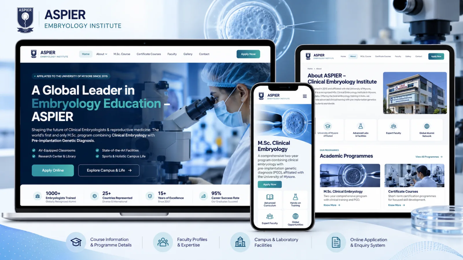 ASPIER clinical embryology institute website showcasing academic programmes and admissions
