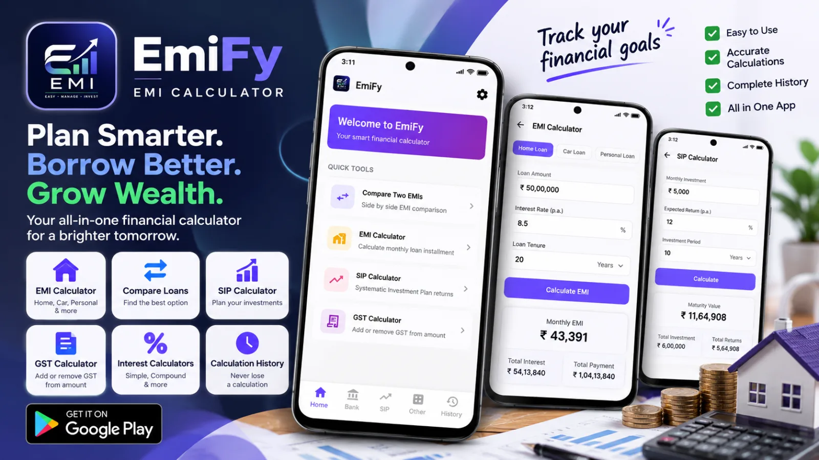 EmiFy Android financial calculator app showing loan EMI calculations, repayment schedules, loan comparisons, and SIP planning