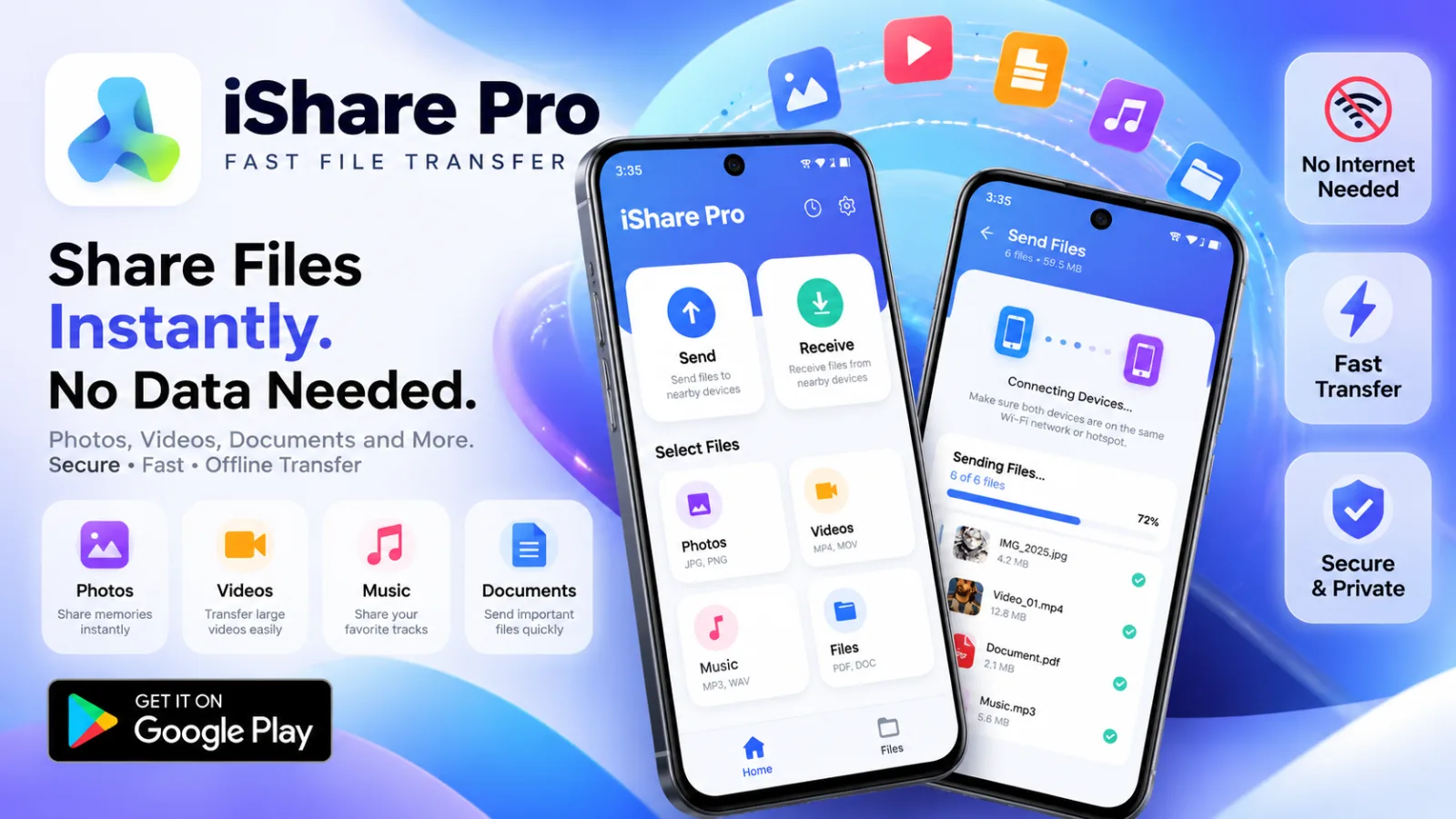 iShare Pro Android app by Teczo Softwares for fast, offline file transfers between devices.