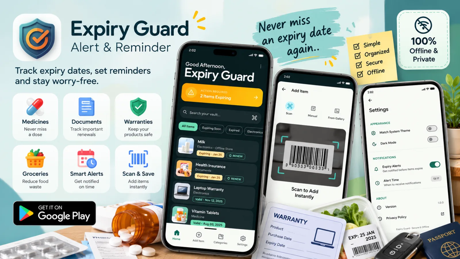 Expiry Guard Android app for expiry date tracking, warranty management and smart reminders.