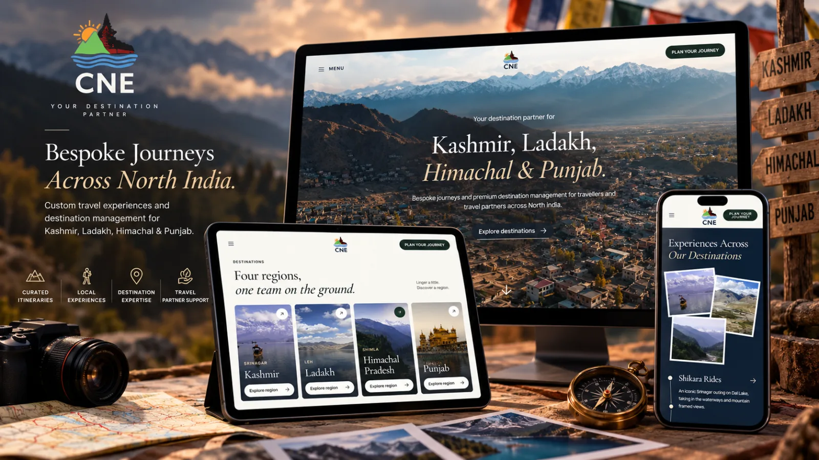 CNE North India travel website showcase featuring Kashmir, Ladakh, Himachal Pradesh, and Punjab across desktop, tablet, and mobile layouts.