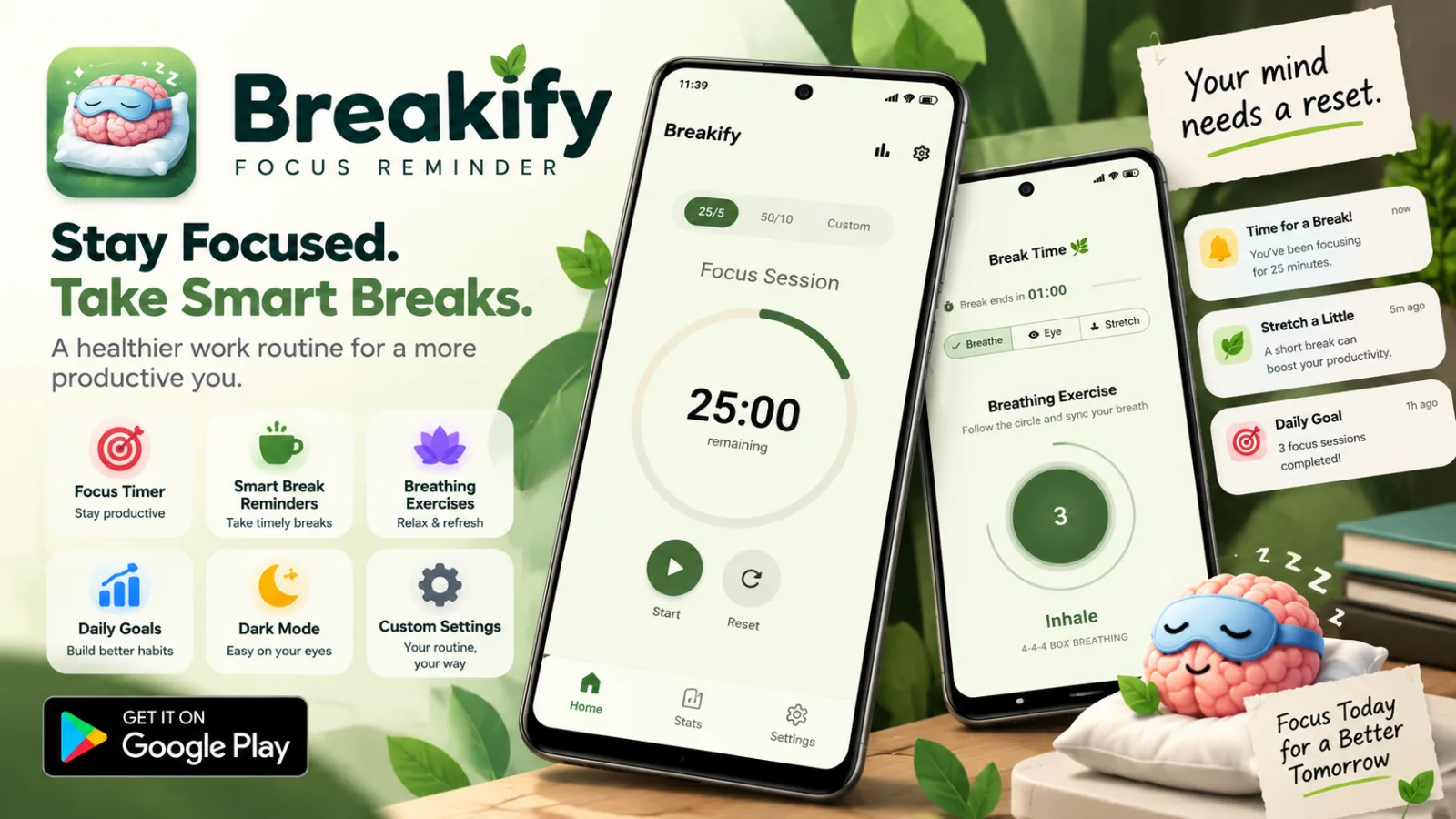 Breakify Android app showing focus reminders, customizable break intervals, and productivity settings